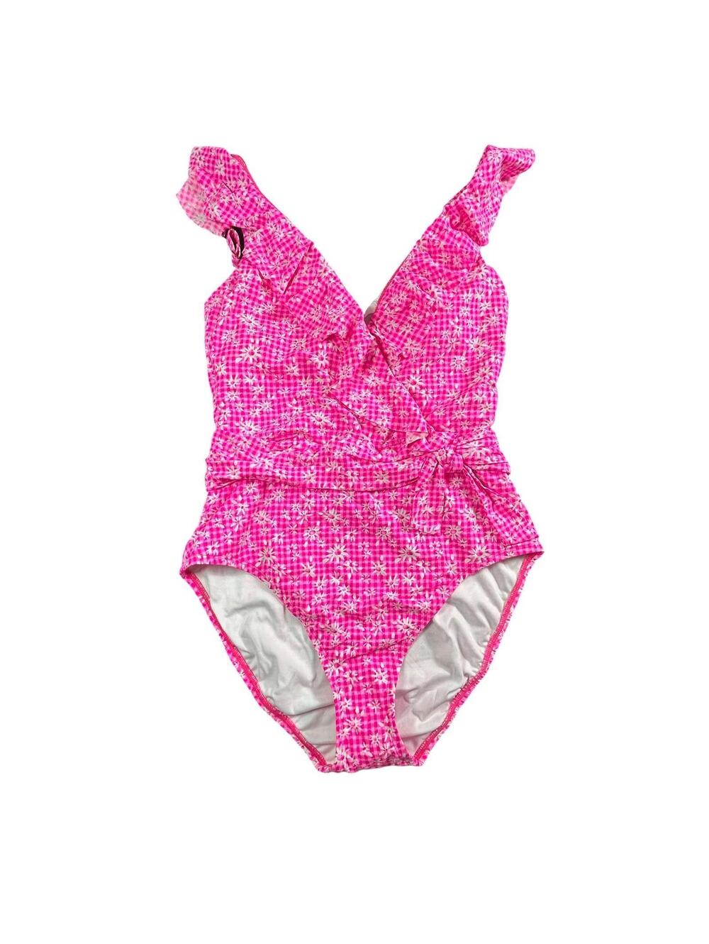 Lilly Pulitzer pink white floral surplice ruffle accent one piece swimsuit New